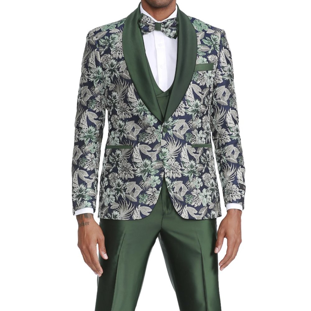 Mens Floral 3pc Suit w/ Double Breasted Vest, Green